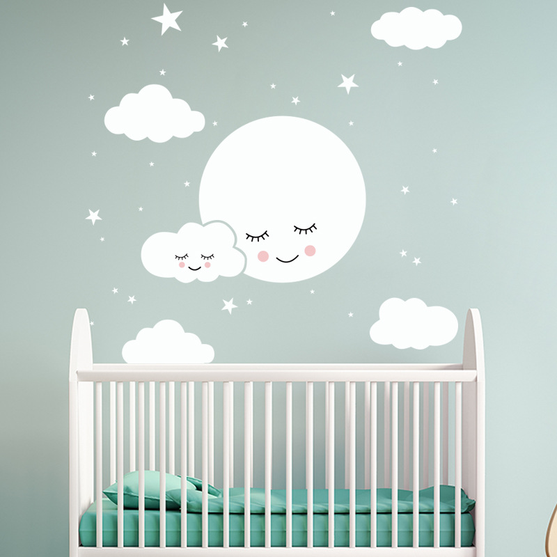 Baby Nursery Mural Wallpaper - White Cartoon Smiling Cloud Stars Wall
