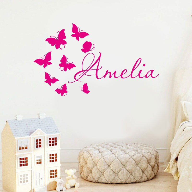 Baby Nursery Mural Wallpaper - Personalized Girls Name Cartoon Butterfly Wall