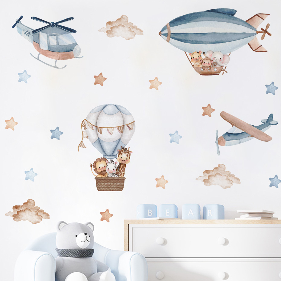 Baby Nursery Design - Watercolor Animals Hot Air Balloon Clouds