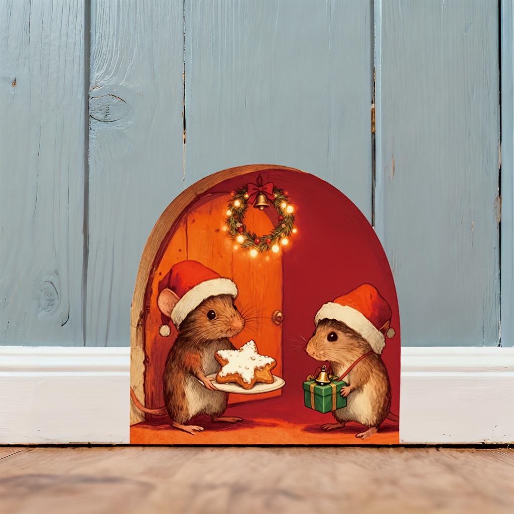 Baby Nursery Mural Wallpaper - Festive Christmas Mouse Hole Wall Sticker