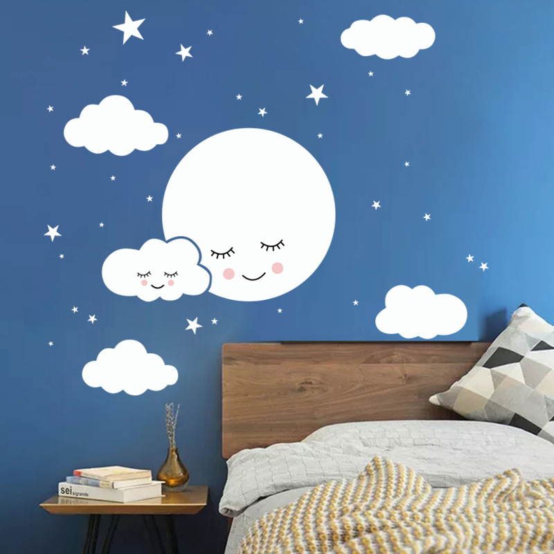 White Cartoon Smiling Cloud St - огляд і ціна Baby Nursery Mural Wallpaper