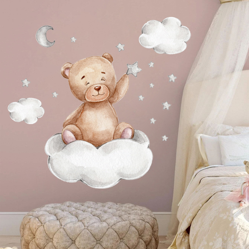 Bear Moon Clouds Stars Wall St - огляд і ціна Baby Nursery Mural Wallpaper