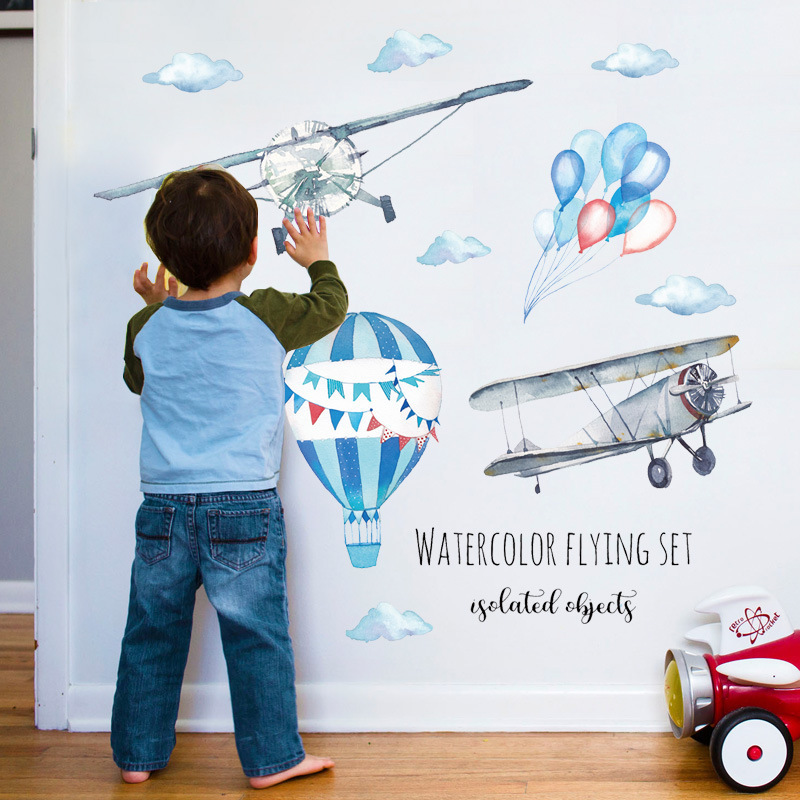 Watercolor Airplane Hot Air Ba - огляд і ціна Baby Nursery Mural Wallpaper