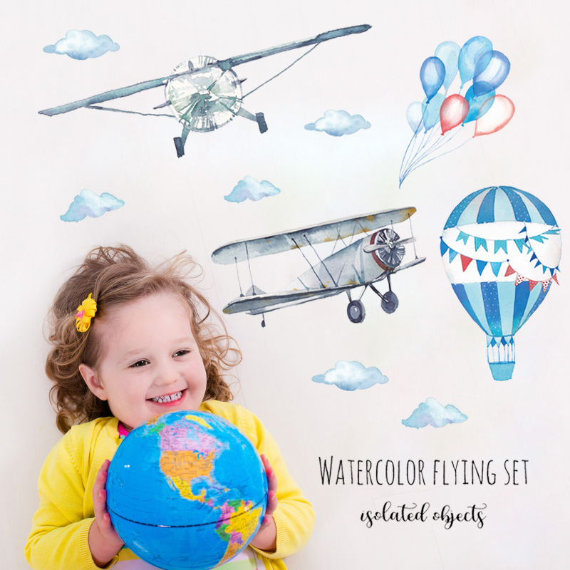 Watercolor Airplane Hot Air Ba - огляд і ціна Baby Nursery Mural Wallpaper