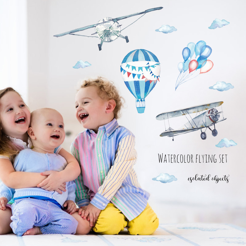 Watercolor Airplane Hot Air Ba - огляд і ціна Baby Nursery Mural Wallpaper
